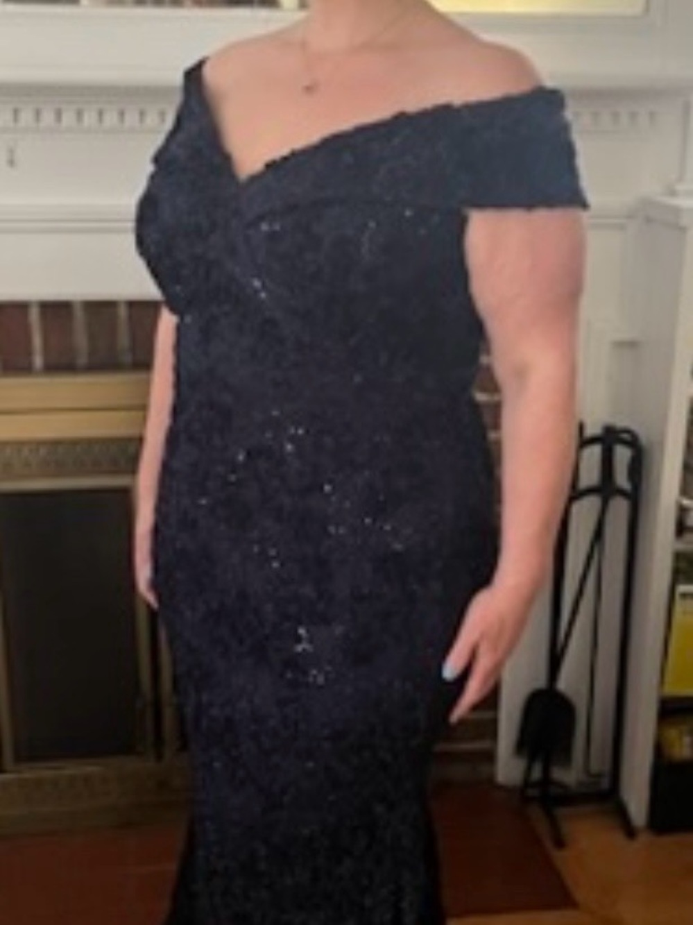 Xscape Navy One-Shoulder Sequin Evening Gown